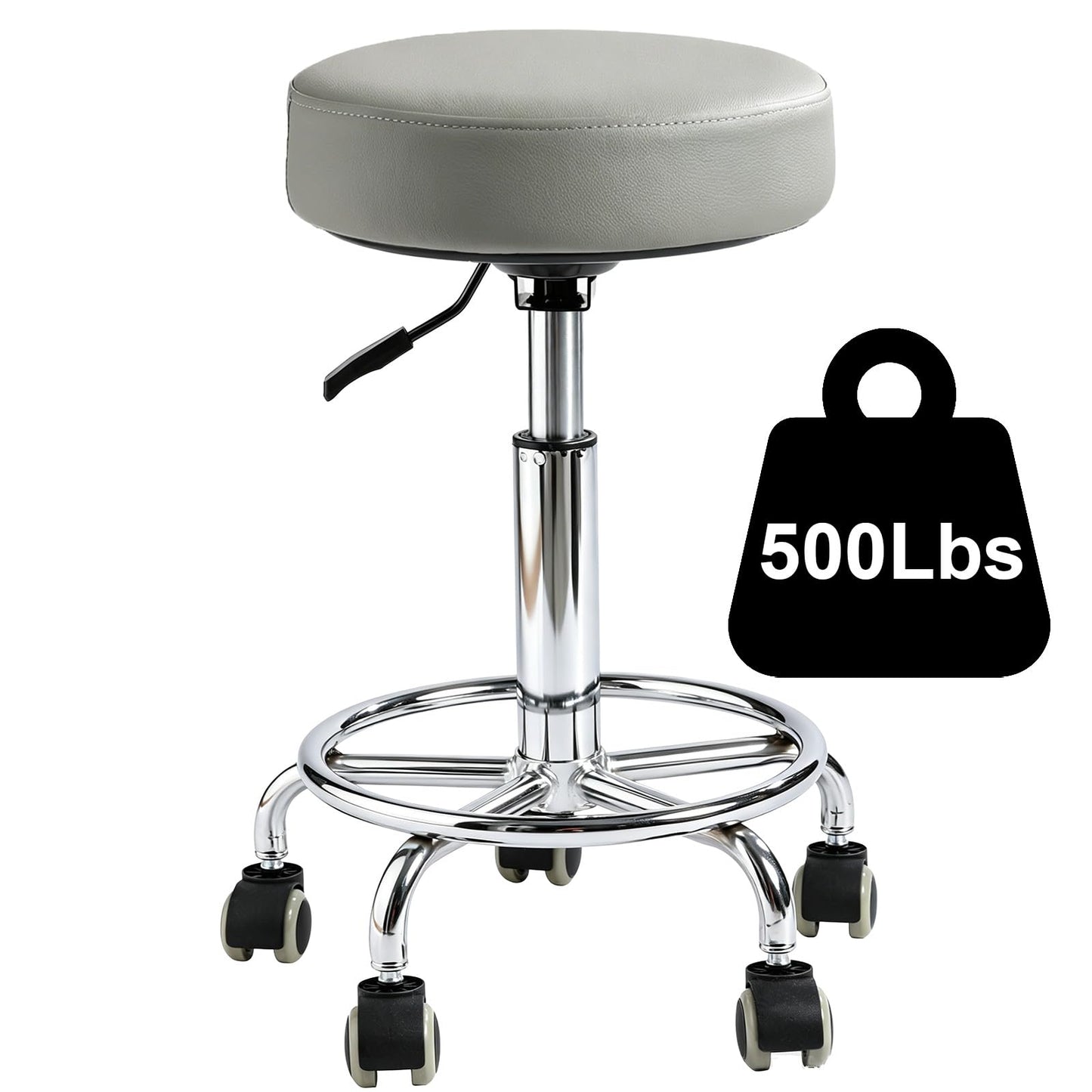 Rolling Stool with Wheels, Comfort Cushion Professional Swivel Drafting Stool, Height Adjustable Heavy Duty 500 lb Stool with Silent Casters and Foot Ring for Salon Tattoo Clinic Home Office, Grey