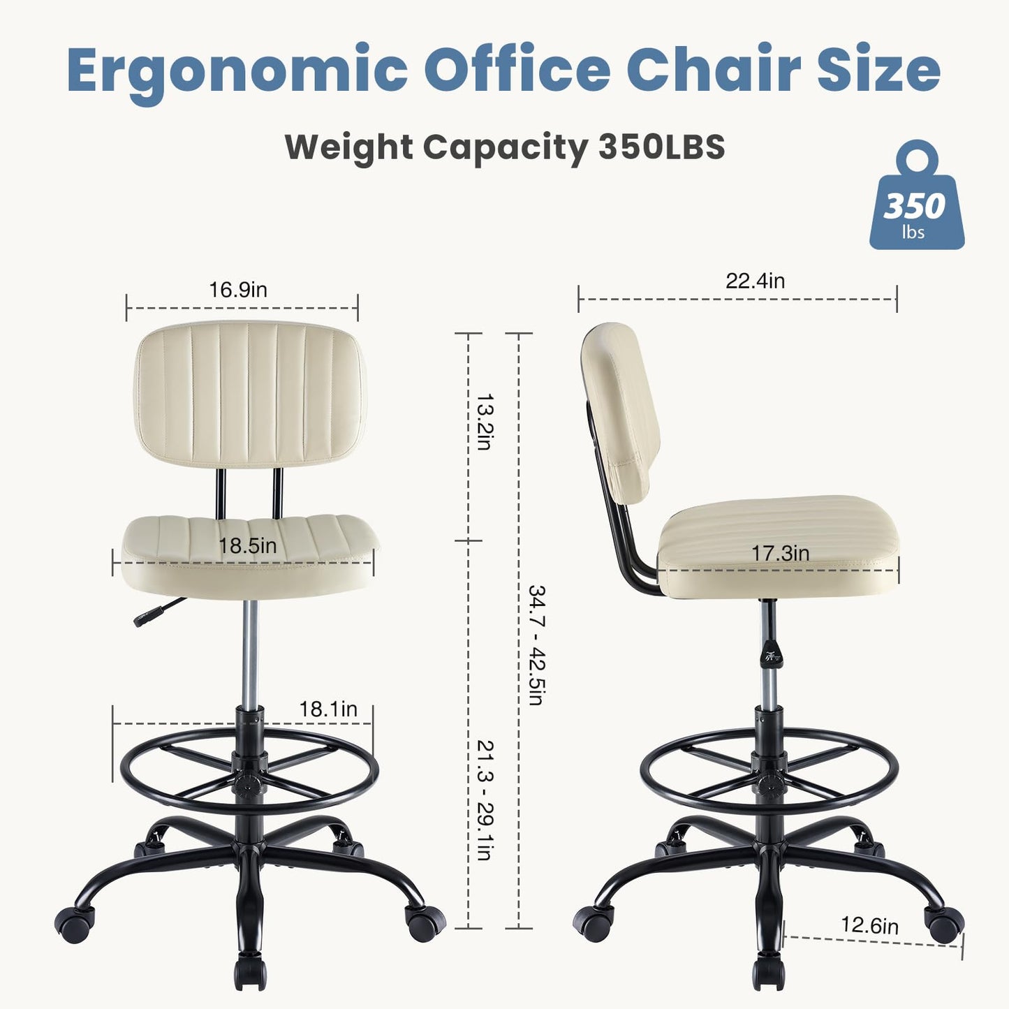 DUMOS Armless Drafting Chair, Low Back Office Seat with Adjustable Footrest Ring for Standing Desk, Ergonomic PU Leather Office Seating, Swivel Rolling High Stool for Studio, Lab, Counter, Beige