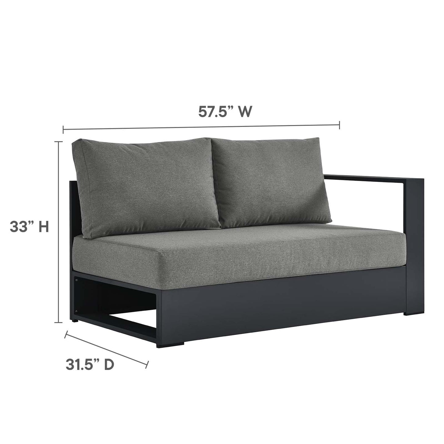 Modway Tahoe Aluminum 3-Piece Outdoor Patio Furniture Gray Charcoal, Modular Sectional Sofa Set with Weather-Resistant Cushions, Ideal for Deck, Backyard Poolside