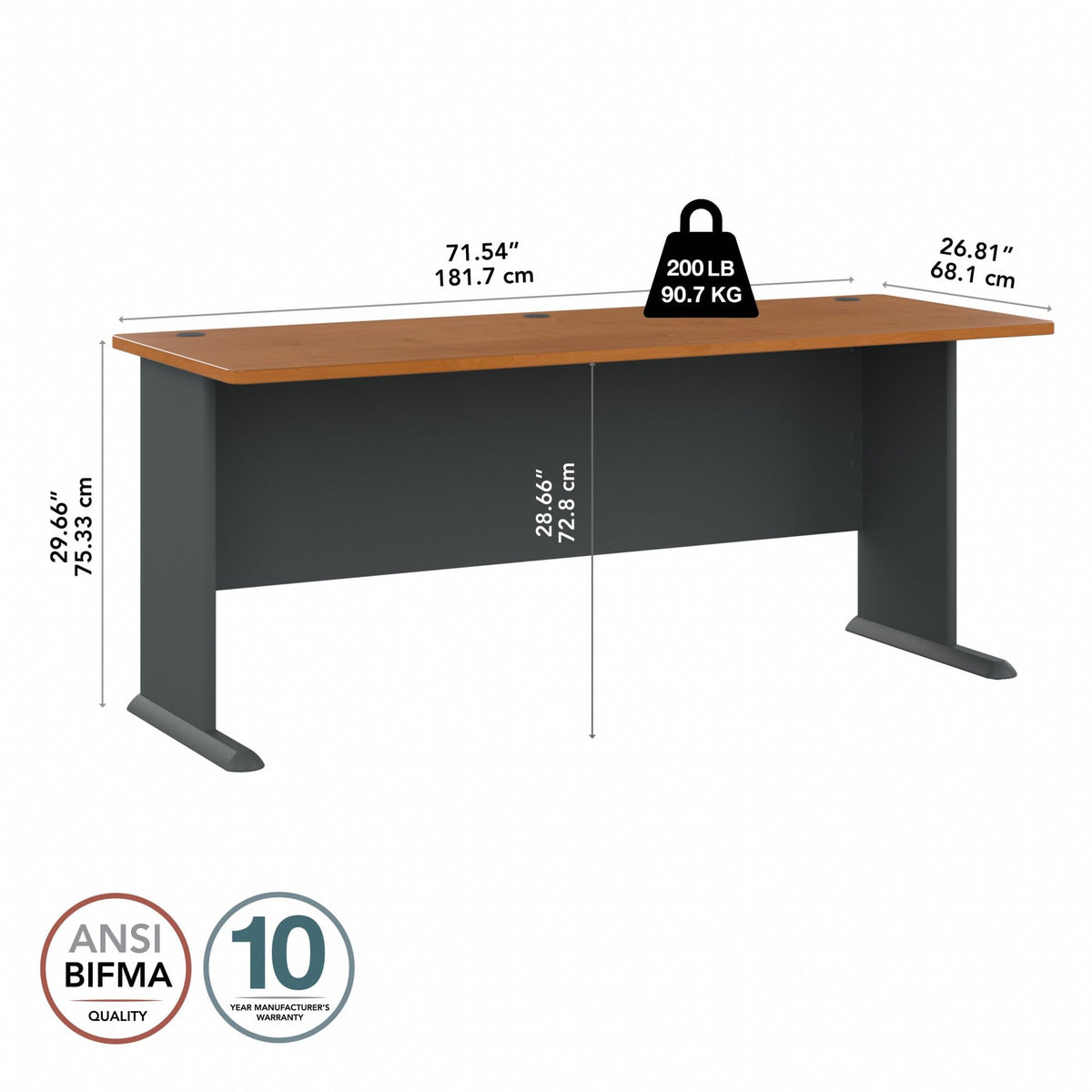 Bush Business Furniture Series A 72W Desk in Natural Cherry and Slate, Large Workstation for Home or Professional Workspace, Desktop Solution for Office Use