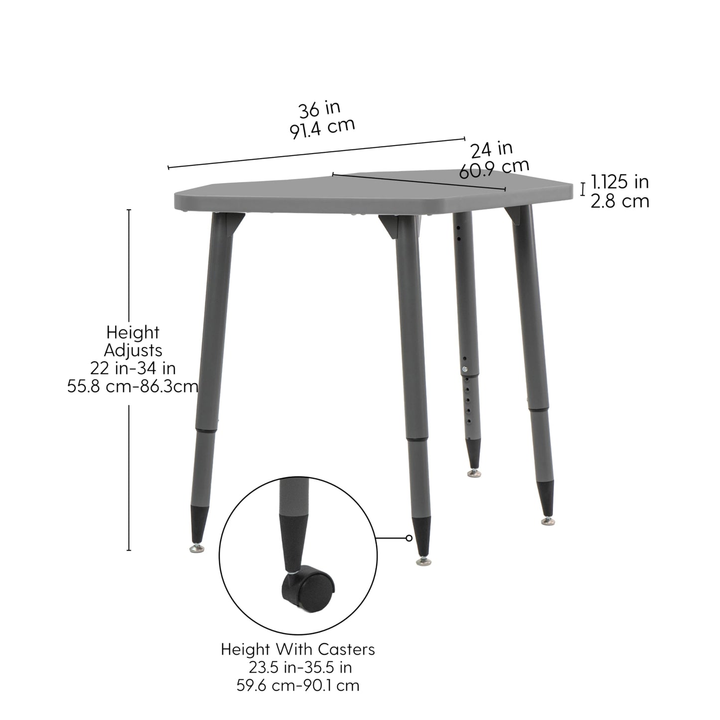 Adapte Commercial Classroom Activity Table - 24" x 36" Petal, ADA Compliant Tapered Legs with Glides & Casters, Adjustable Height 22-34" Wheelchair Accessible, School & Office Furniture