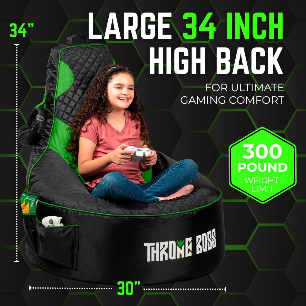 Throne Boss Gaming Bean Bag Chair Cover for Kids with High Back, Green – Gamer chair for kids with 2 x Large Side Pockets, Headphone Hanger, Easy to Clean Fabric, requires 200 Liters Polystyrene Beans