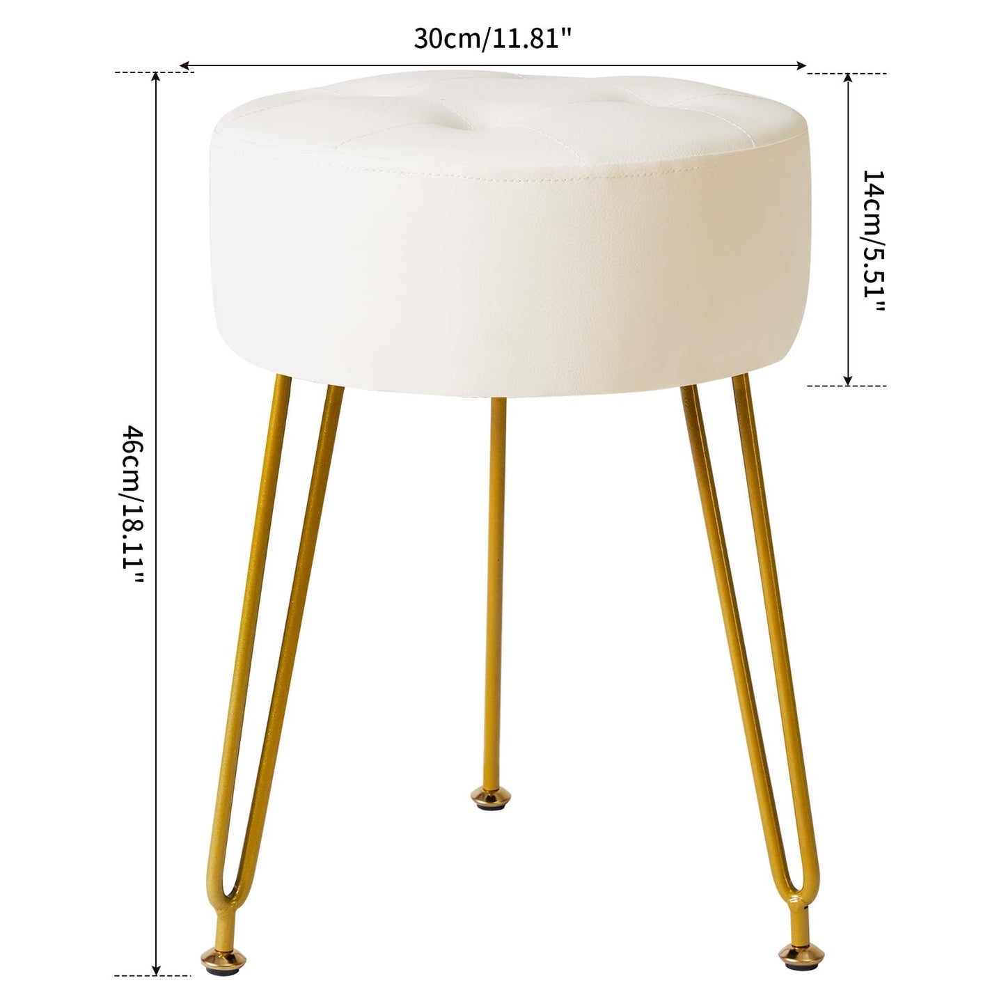 IBUYKE Faux Leather Round Footrest Stool, Makeup Vanity Stool Side Table, PU Dressing Table Seat, Pouf Couch Stool, Golden Steel Legs, White LG-31W