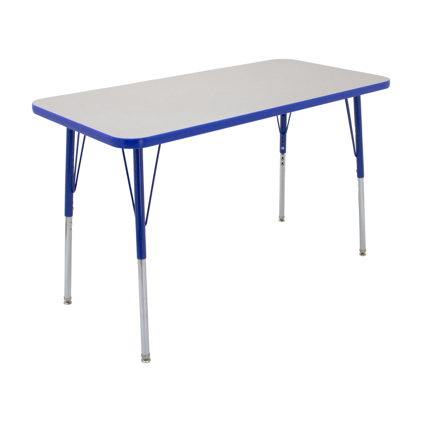 FDP Rectangle Activity School and Office Table (24 x 48 inch), Standard Legs with Swivel Glides, Adjustable Height 19-30 inches; Quick Ship Single Box - Gray Top and Blue Edge
