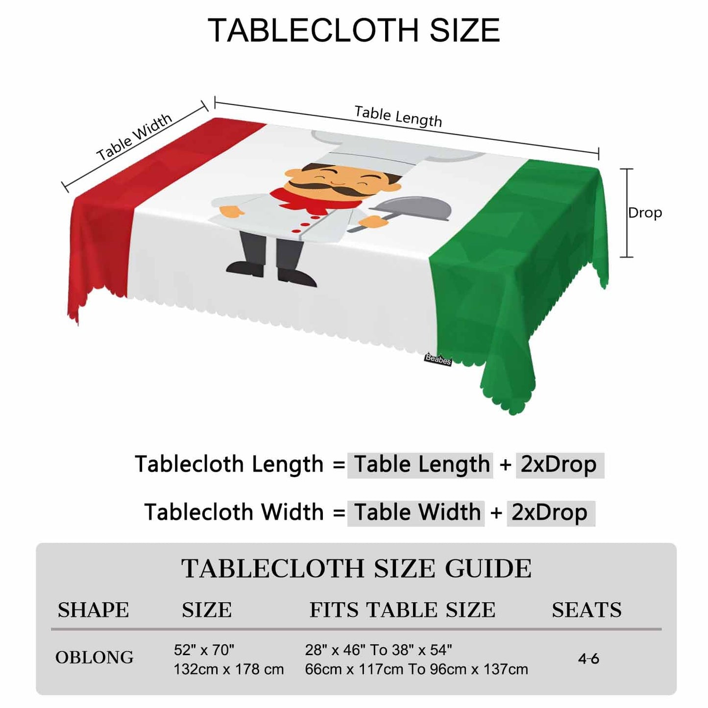 Beabes Chef Rectangle Tablecloth 52x70 Inch Cartoon Chef Italian Flag Dining Table Cloth Table Cover for Home Kitchen Restaurant Party Buffet Picnic, 4-6 Seats