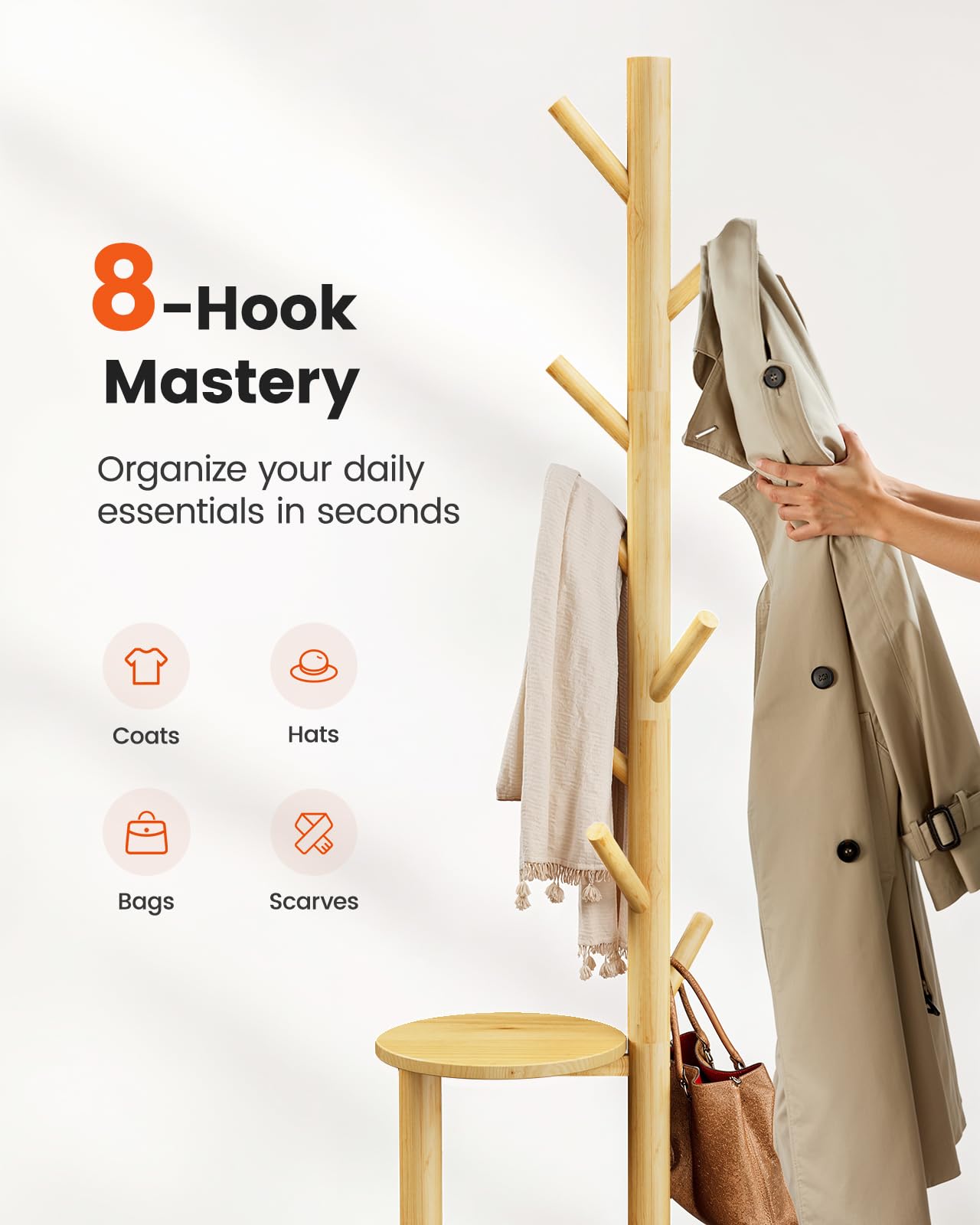 Pipishell Coat Rack, Freestanding Hall Tree with 8 Hooks & Storage Shelf, Solid Wood Base, 66.3″ Tall Coat Rack Stand for Coats, Hats, Bag in Entryway, Bedroom, Living Room, Wood, PIFCR11N