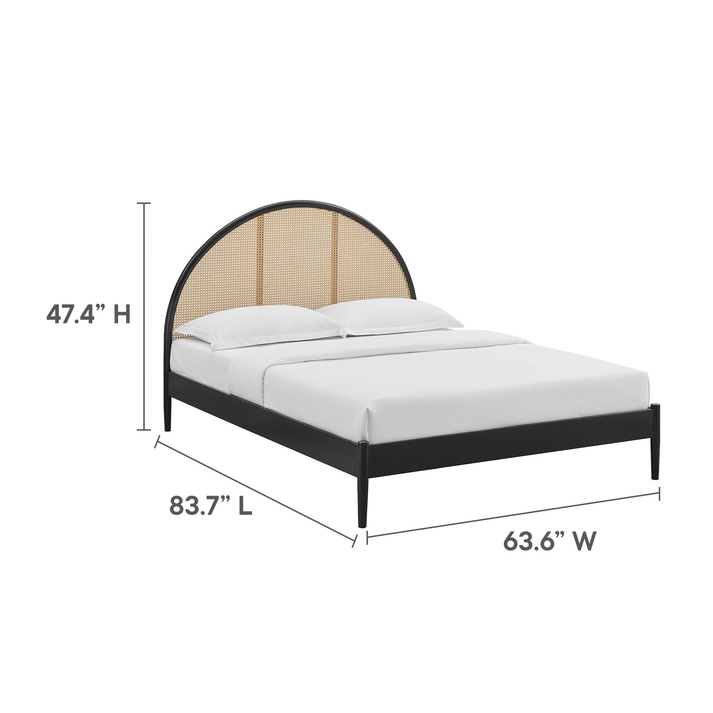 Modway Odette Arched Queen Platform Bed in Black with Rattan Cane Headboard – Wooden Queen Half Moon Bed Frame – Mid-Century Modern Queen Size Platform Bed Frame