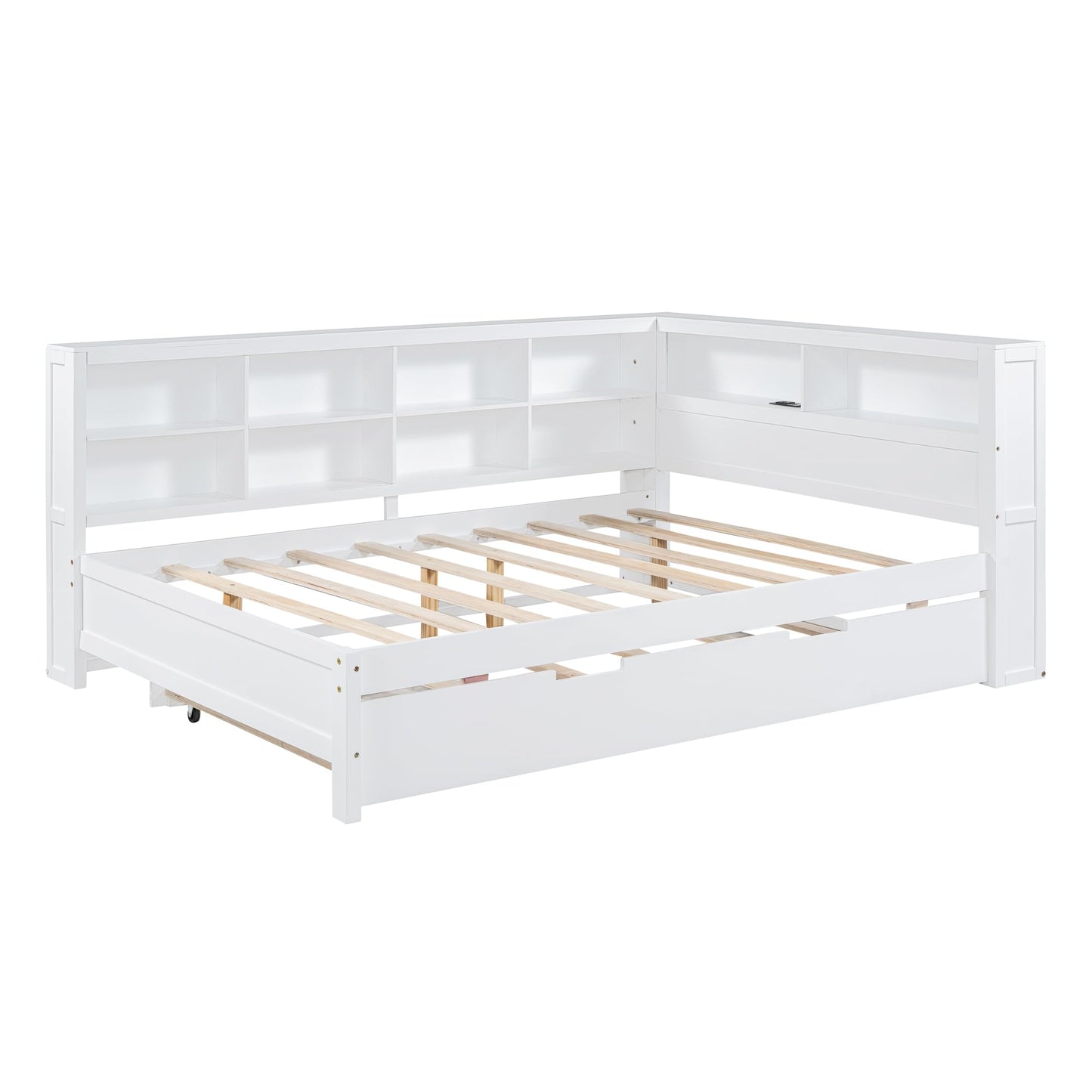 Ball & Cast Full Size Daybed W/Twin Size Trundle,Day Bed with Pop Up Trundle Bed W/USB Charging Ports,Wooden Sofa Bed W/Storage Shelf,No Box Spring Needed,for Bedroom,Guest Room,White