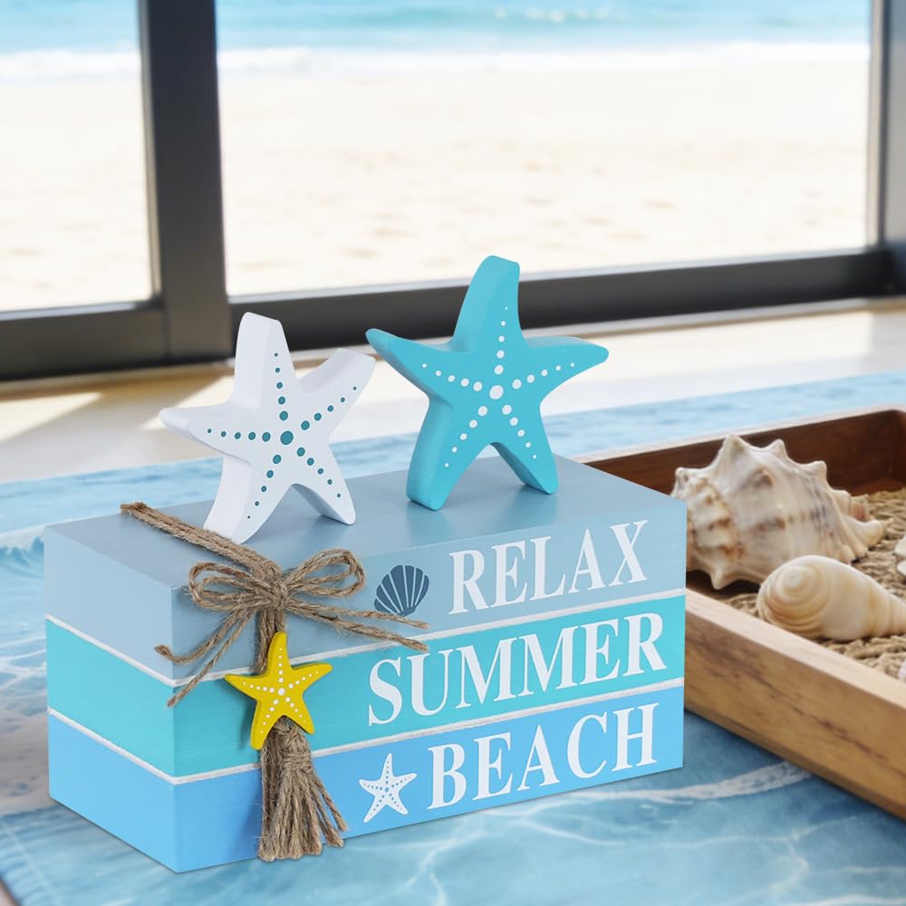 DECSPAS Beach Summer Table Decor, Starfish Wooden Stacked Books Sign for Ocean Tiered Tray Decorations, Coastal Nautical Shelf Table Centerpiece for Home, Room, Mantel, Tabletop, Farmhouse Gift