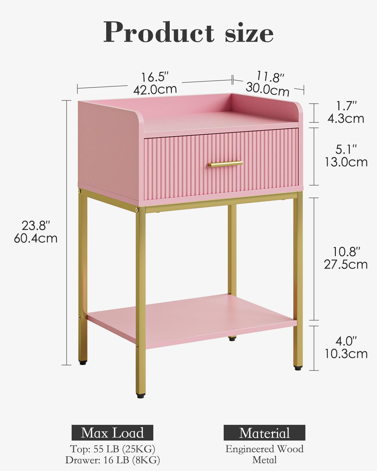 Apetaccat Nightstand, 3-Tier Bed Side Table, Small End Table, Night Stand with Open Shelf and Drawer, Bedside Table for Bedroom, Living Room, Pink