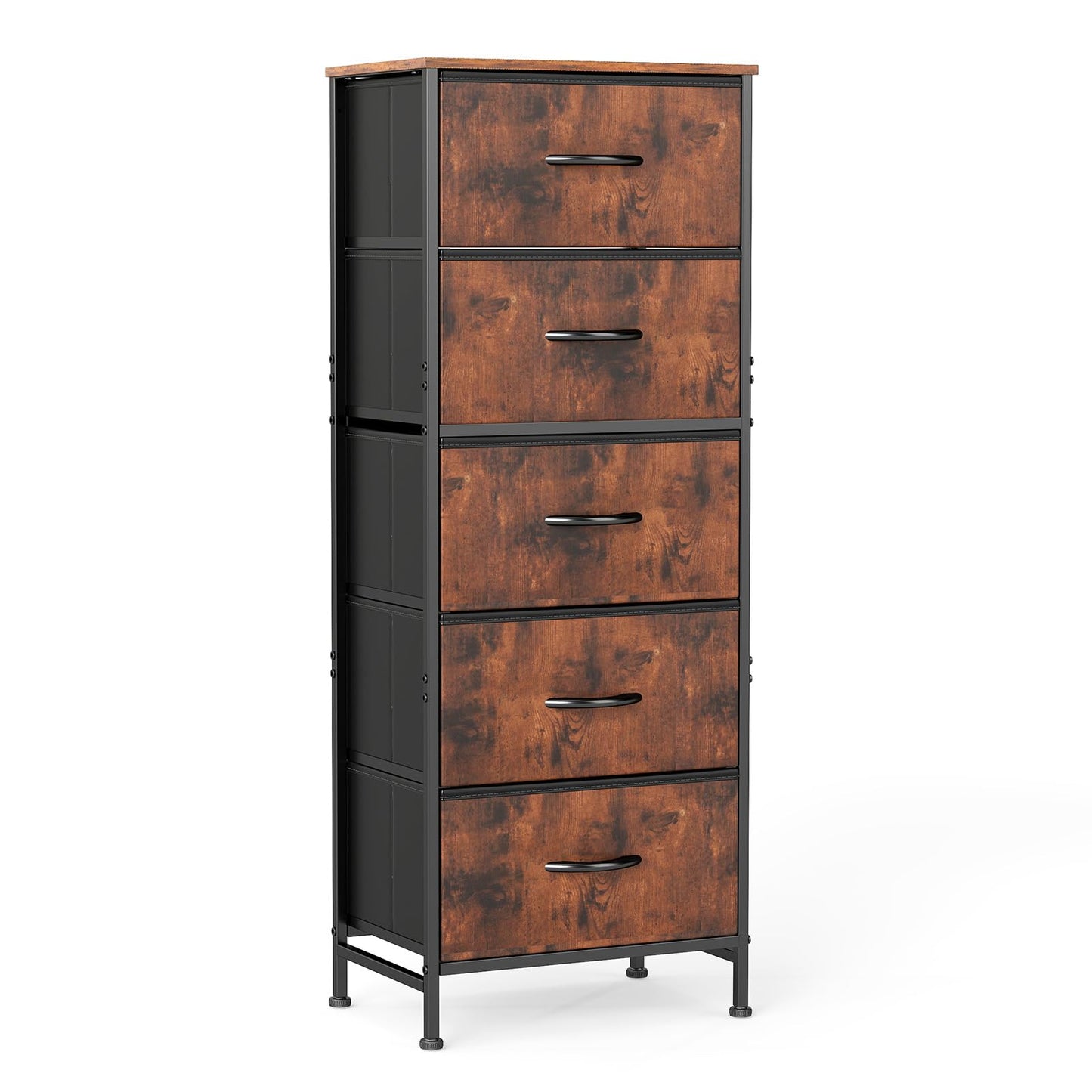 Sweetcrispy 5 Drawer Dresser with Fabric Bins Steel Frame Wood top Storage Chest for Bedroom Closet Hallway Brown Compact Organizer Durable Home Storage Solution