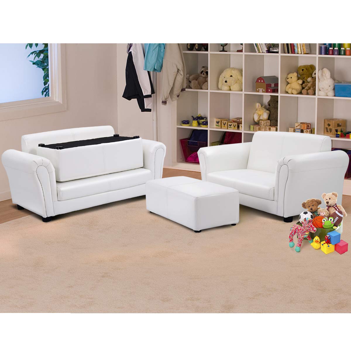 Costzon Kids Couch with Footstool, 2 in 1 Double Seat Children's Sofa w/PU Leather Surface, Armrest Chair Lounge, Soft Sofa for Preschool Bedroom Kids Room Toddlers Boys Girls Birthday (White)