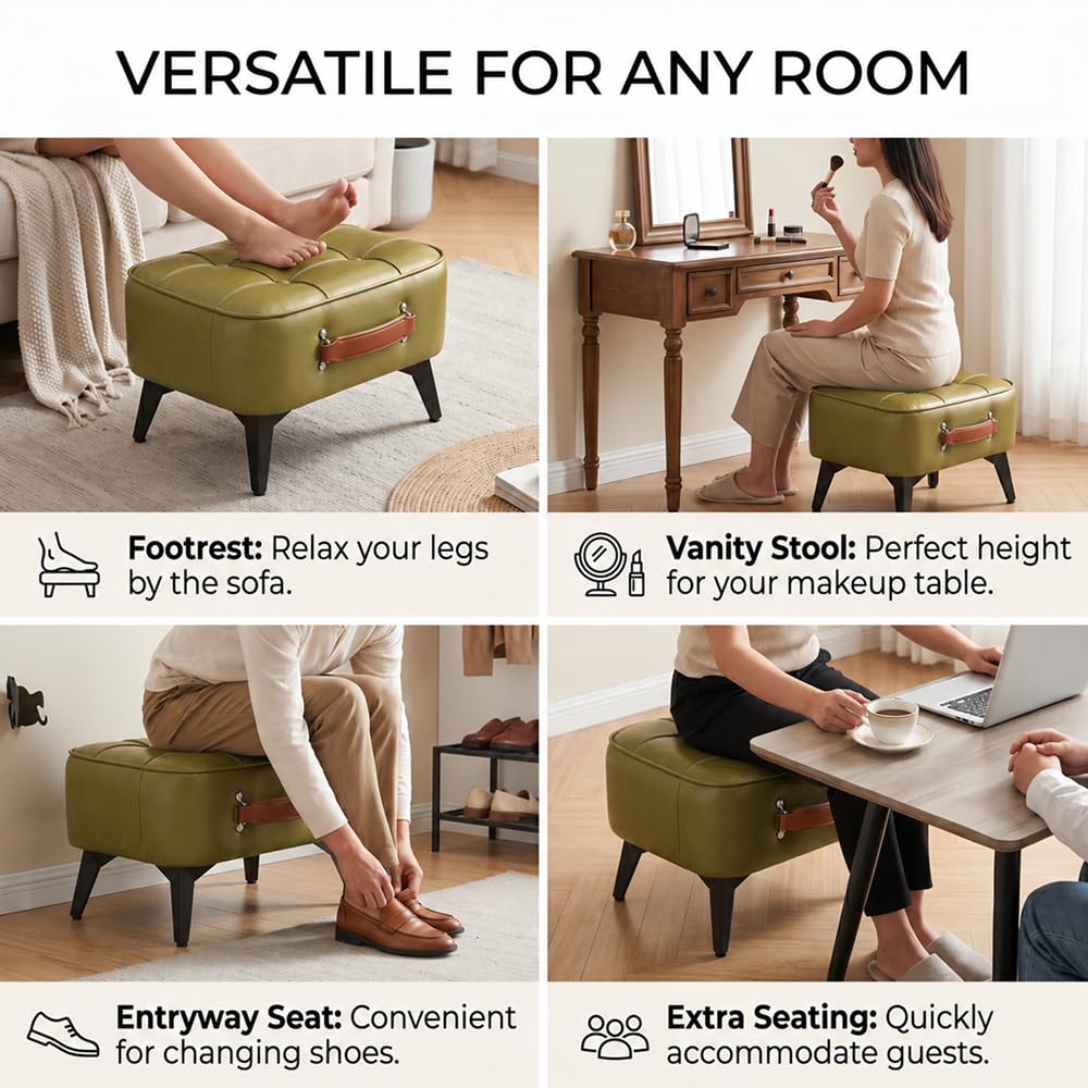 Vintage Style Faux Leather Ottoman Footstool - Wooden Frame, Upholstered Interior, Multi-Use Footrest for Living Room, Entryway, Office (Azure Green)