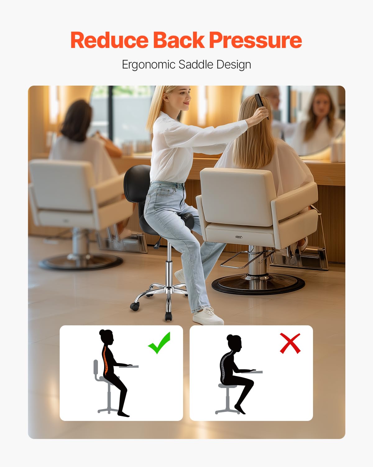 VEVOR Saddle Stool with Back Support and Wheels, 450 LBS Weight Capacity Ergonomic Rolling Stool, Height Adjustable Thickened PU Leather Swivel Saddle Chair for Salon, Spa, Massage, Tattoo, Black