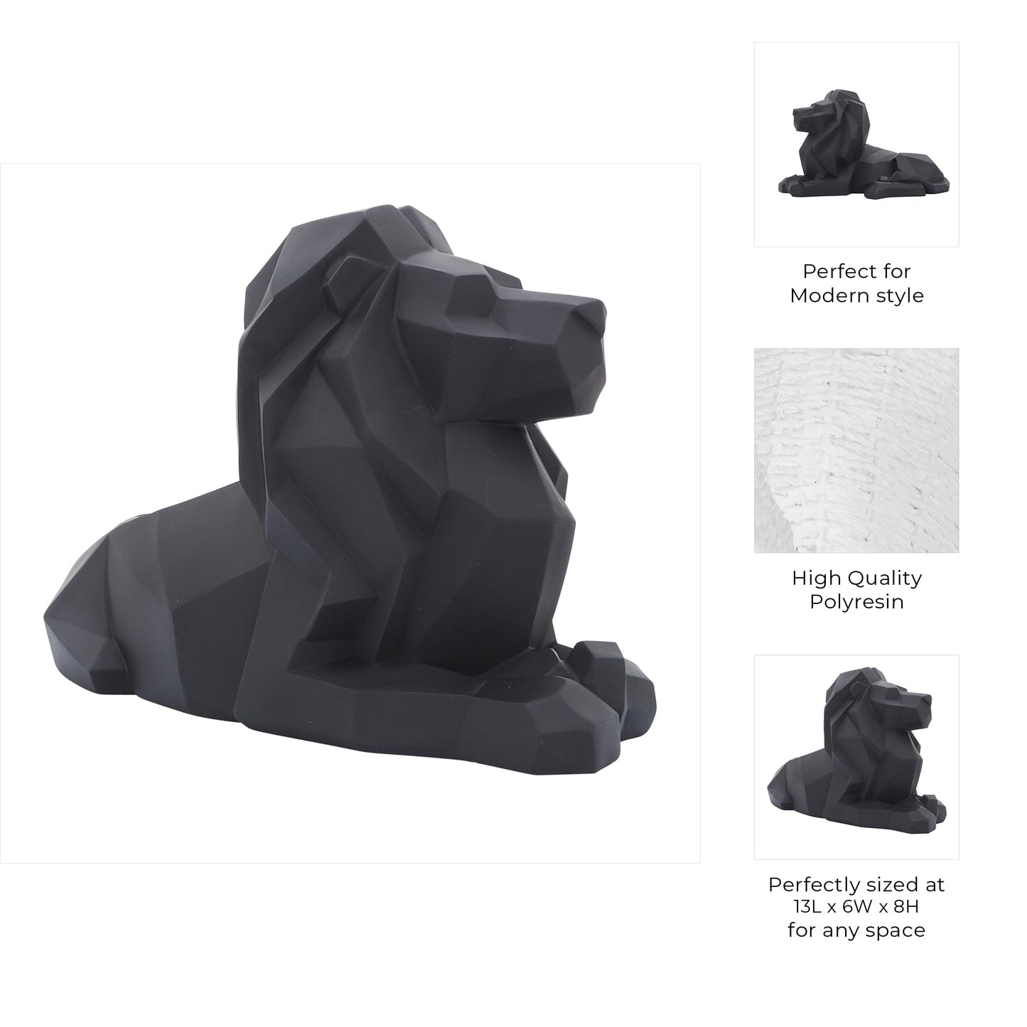 Sagebrook Home Modern Geometric Lion Figurine - Minimalist Polyresin Sculpture - Elegant Home Decor for Office, Living Room, Bedroom - 8" Black