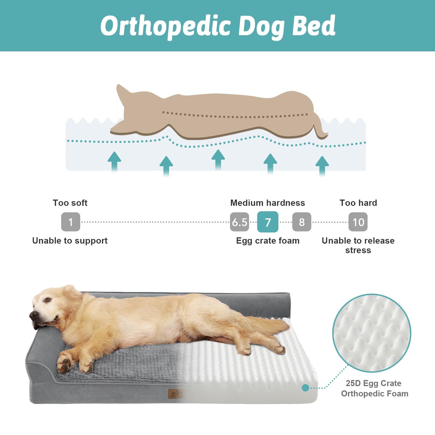 COZY KISS Orthopedic Dog Bed for Medium Small Size Dog, Dogs Crate Bed, L Shaped Foam Anti-Slip Bottom Pet Cat Sofa with Washable Removable Cover, Suitable for Pet Up to 40 lbs, 30x20x6.5 inch, Grey