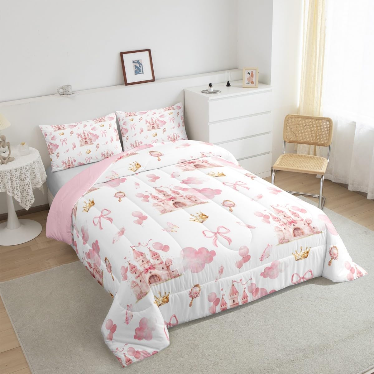 Feelyou Kids Pink Castle Duvet Insert Queen Size, Cute Bowknot Comforter Set Boys Girls Girls Dreamy House Bedding Set Fairytale Teens Bedroom Decor Bed Set 3Pcs