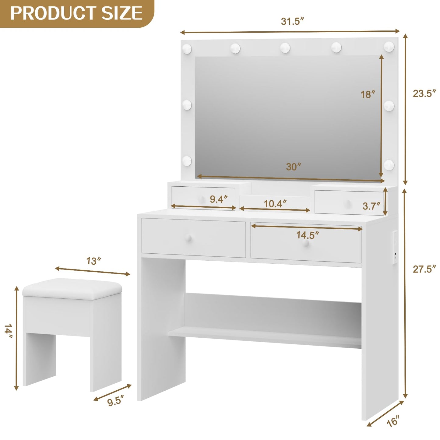 Haewon Vanity Desk with LED Lighted Mirror and Power Outlet, Makeup Vanity Table with 3 Lighting Modes, Vanity Desk Set with 4 Drawers and Storage Chair for Bedroom, White