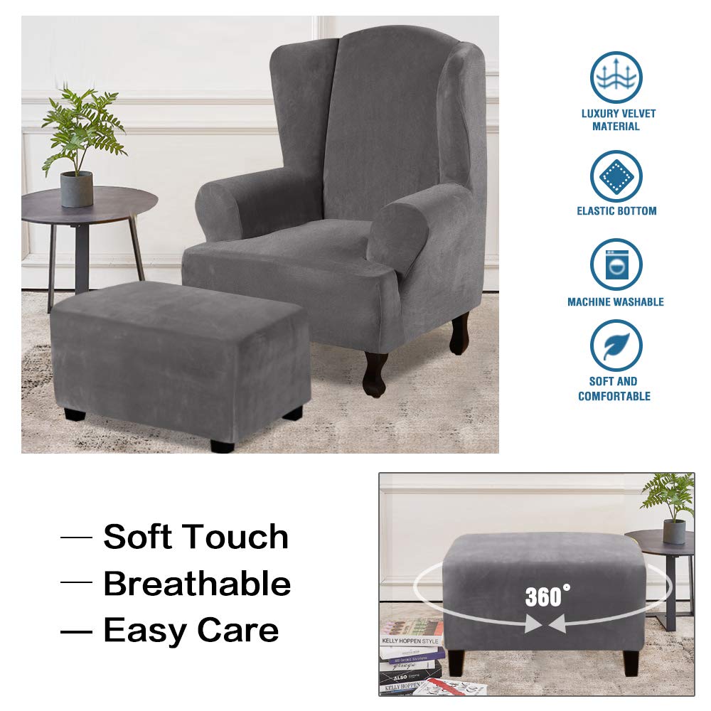 H.VERSAILTEX Real Velvet Plush 1 Piece Form Fit Stretch Rectangle Folding Storage Covers Ottoman Slipcovers Removable Footstool Protect Footrest Covers Elastic Bottom, Machine Washable(Large, Grey)