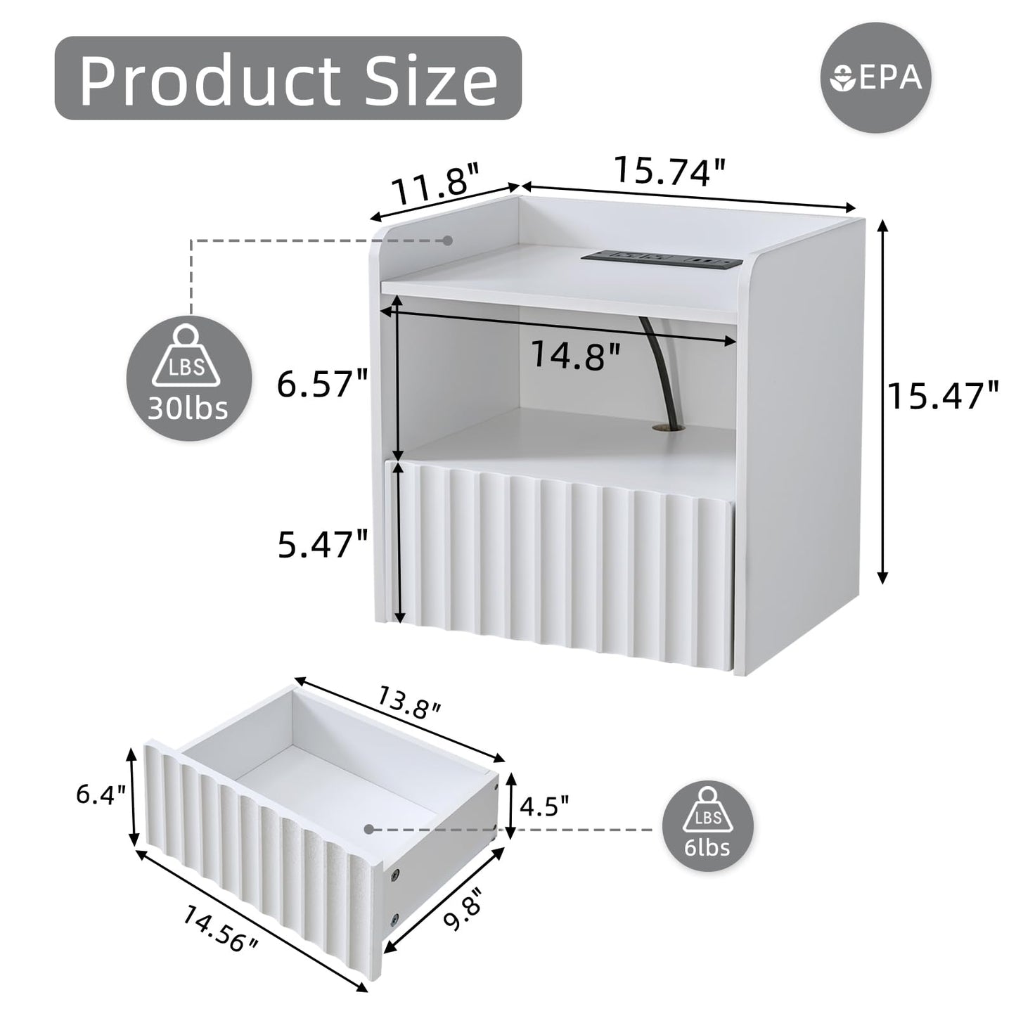 BuildHom Modern Fluted Floating Nightstand Wall Mounted - Bedside Table with Storage Drawer & Display Shelf, Minimalist Bedroom Furniture for Studio Apartments (Matte White)