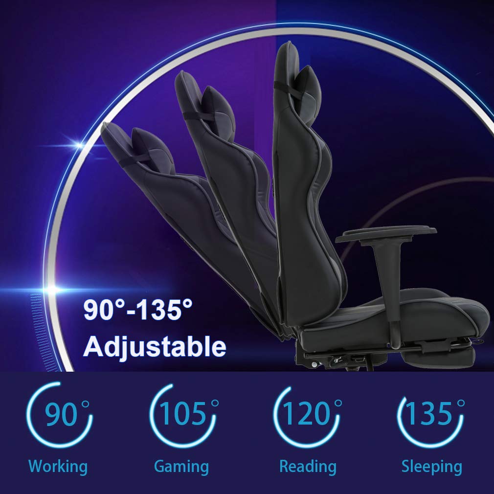 BestOffice | Ergonomic Gaming Chair | Grey | Reclining Computer Chair with Lumbar Support, Headrest Pillow, Adjustable Footrests | 360 Swivel with Heavy Duty Wheels | for Home & Office