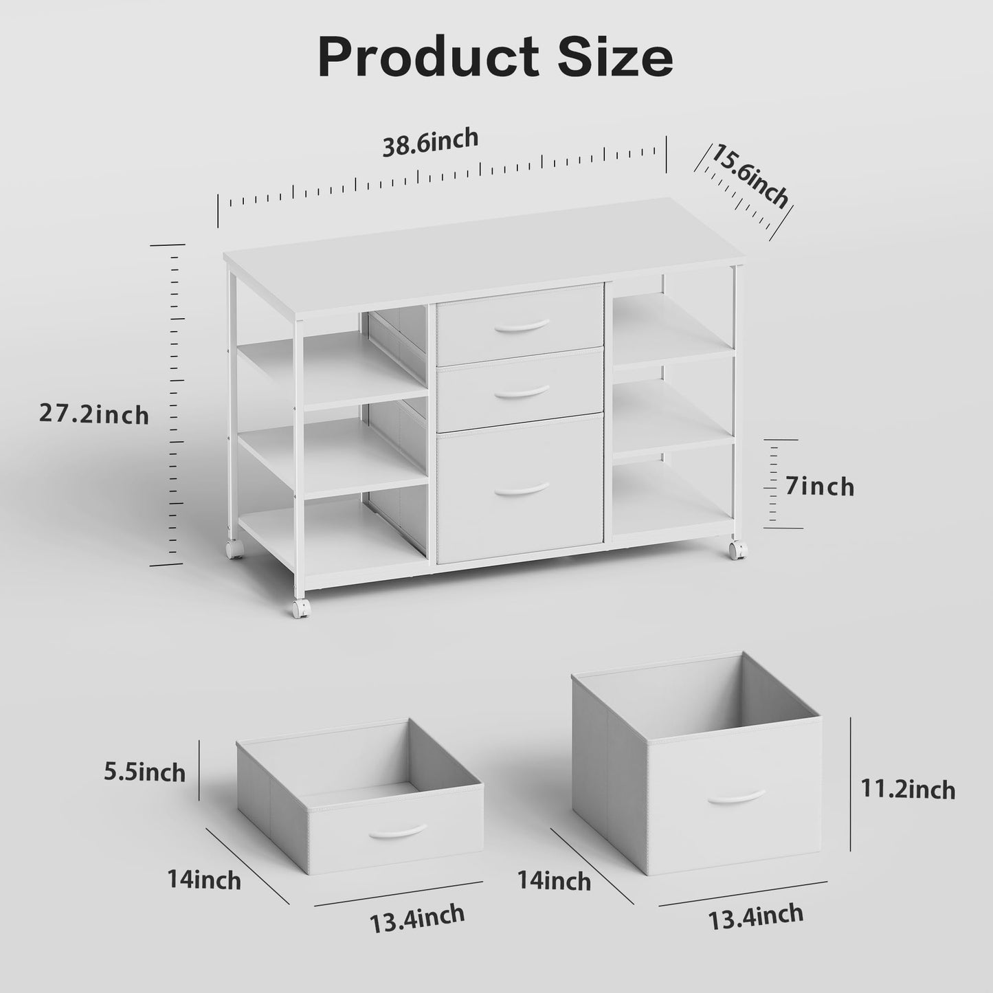 YeTom Mobile File Cabinet,Lateral Filing Cabinet with 3 Fabric Drawers,Rolling Printer Stand with 4 Open Storage Shelf for Home Office, White