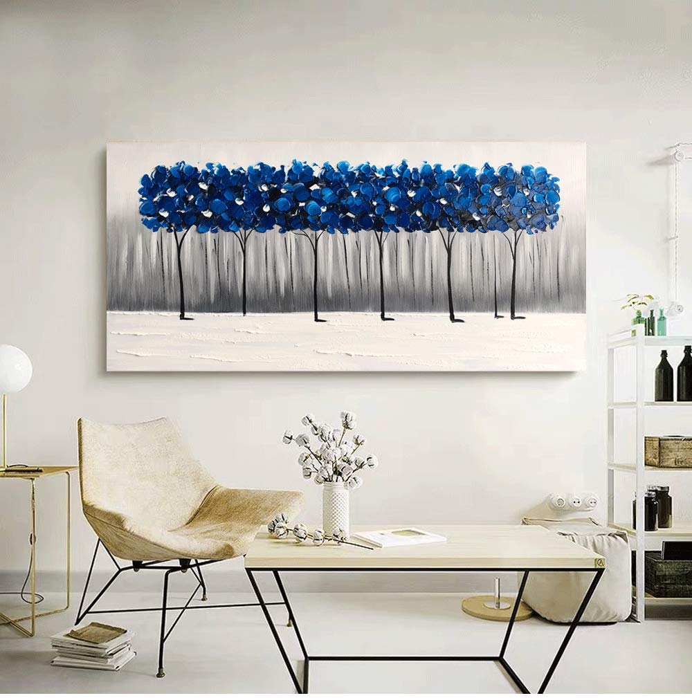 Yihui Arts Hand Painted Blue Tree Landscape Oil Painting on Canvas, Modern Abstract Wall Art for Living Room, Bedroom, Office Decor