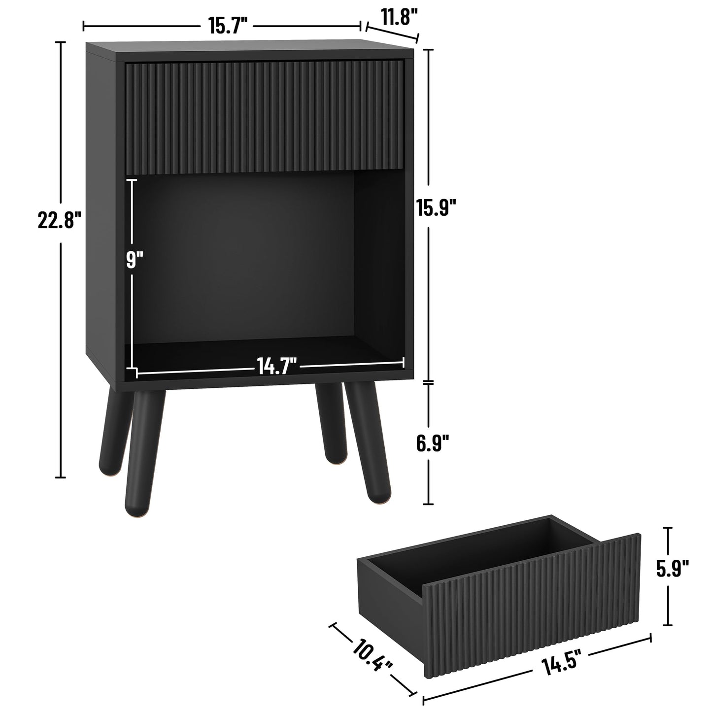 Nightstand, Modern Bedside Table with Storage Drawers and Open Wood Shelf, Night Stand with Solid Wood Legs, End Tables Side Tables for Living Room, Bedroom Black