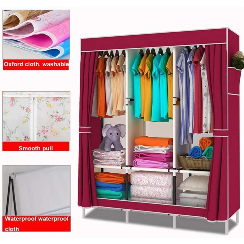 OTHZON Notecanvas Wardrobes Portable Closet Wardrobe with 2 Side Pockets and 3 Clothes Hanger Rods, Easy to Assemble Used in Bedroom, Cloakroom Clothes, Shoes, Toys,D