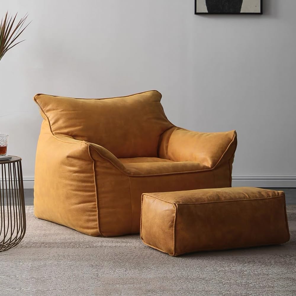 Bean Bag Chair Bean Bag Cover （No Filler） Luxury Single Lazy Sofa Cover PU Faux Suede Leather Bean Bag Pouf Chair for Bedroom Living Room Garden, Bean Bag Cover (Color : Retro Yellow)