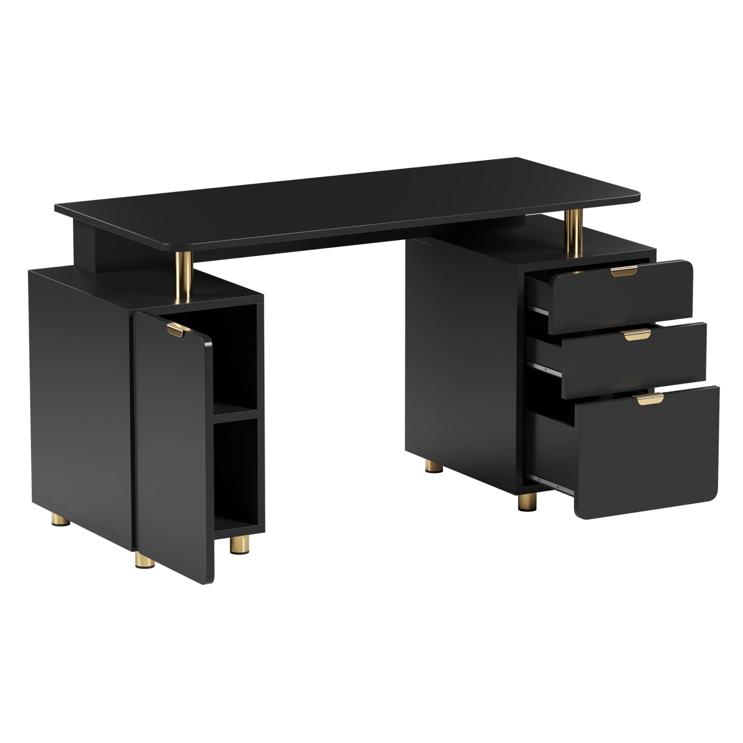 Elegant 57" W Executive Desk with 3 Drawers and Storage Cabinet, Modern Office Desk with Gold Accents, Floating Work Surface, Closed Storage with Ventilation & Adjustable Shelf (Black,Gold)