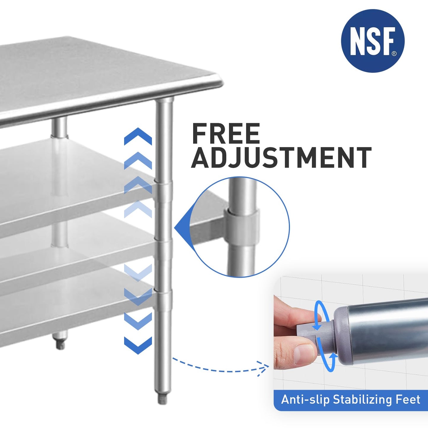 ROCKPOINT Stainless Steel Table for Prep & Work 24x24 Inches, NSF Metal Commercial Kitchen Table with Adjustable Under Shelf and Table Foot for Restaurant, Home and Hotel