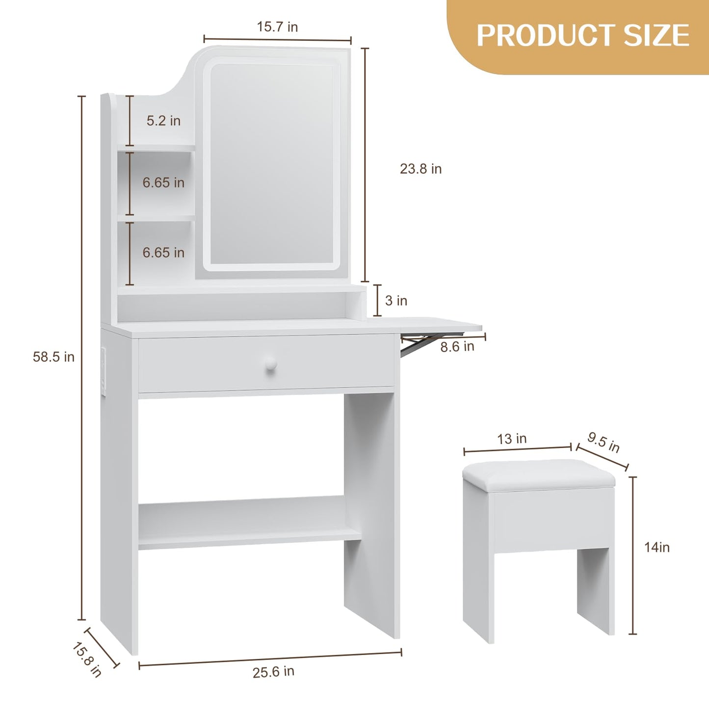 Haewon Small Vanity Desk with Lighted Mirror and Charging Station, Compact Makeup Vanity Set with 3 Lighting Modes, White Dressing Table with Storage Chair, Drawer and Shelves for Bedroom