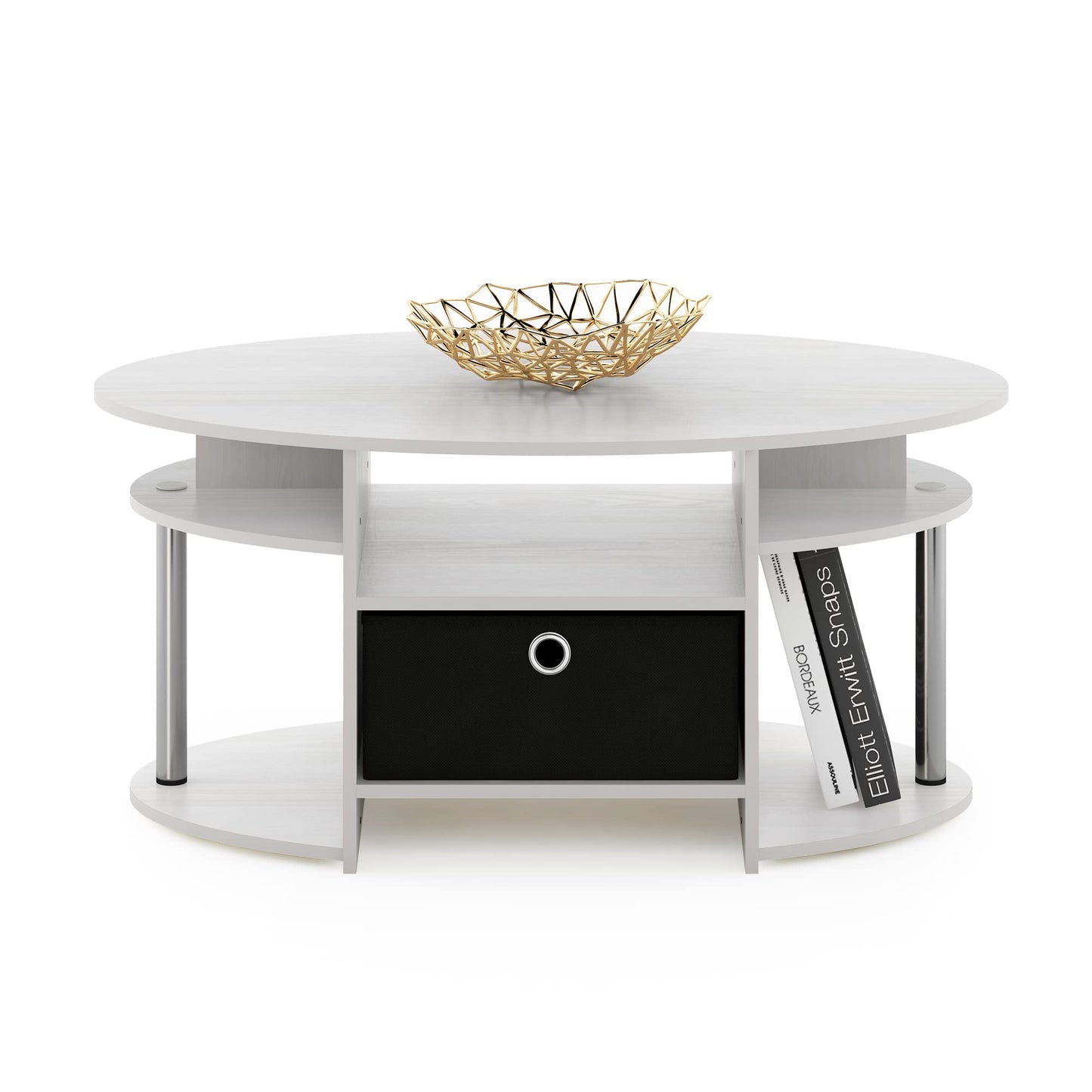 Furinno Jaya Oval Modern White Coffee Table with Side Shelves and Storage Bin, Side Table with Shelf, for Living Room, Bedroom, Home Office, White Wood/Stainless Steel