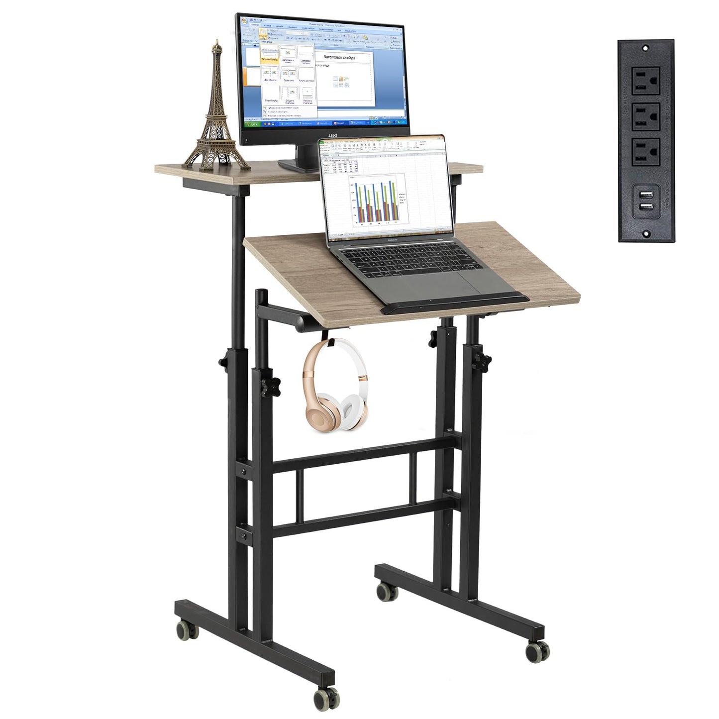 Hadulcet Mobile Standing Desk with Charging Station, Adjustable Standing Computer Desk, Standing Adjustable Laptop Cart with Wheels for Home Office Classroom Light Grey