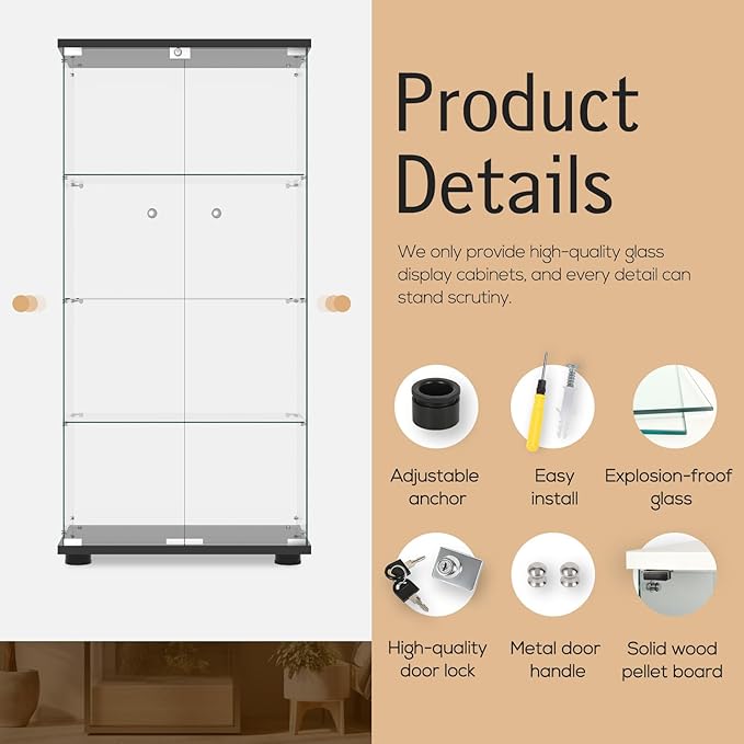 Display Cabinet with Glass Door and Lock, 4-Shelf Fast Installation in 30 Mins
