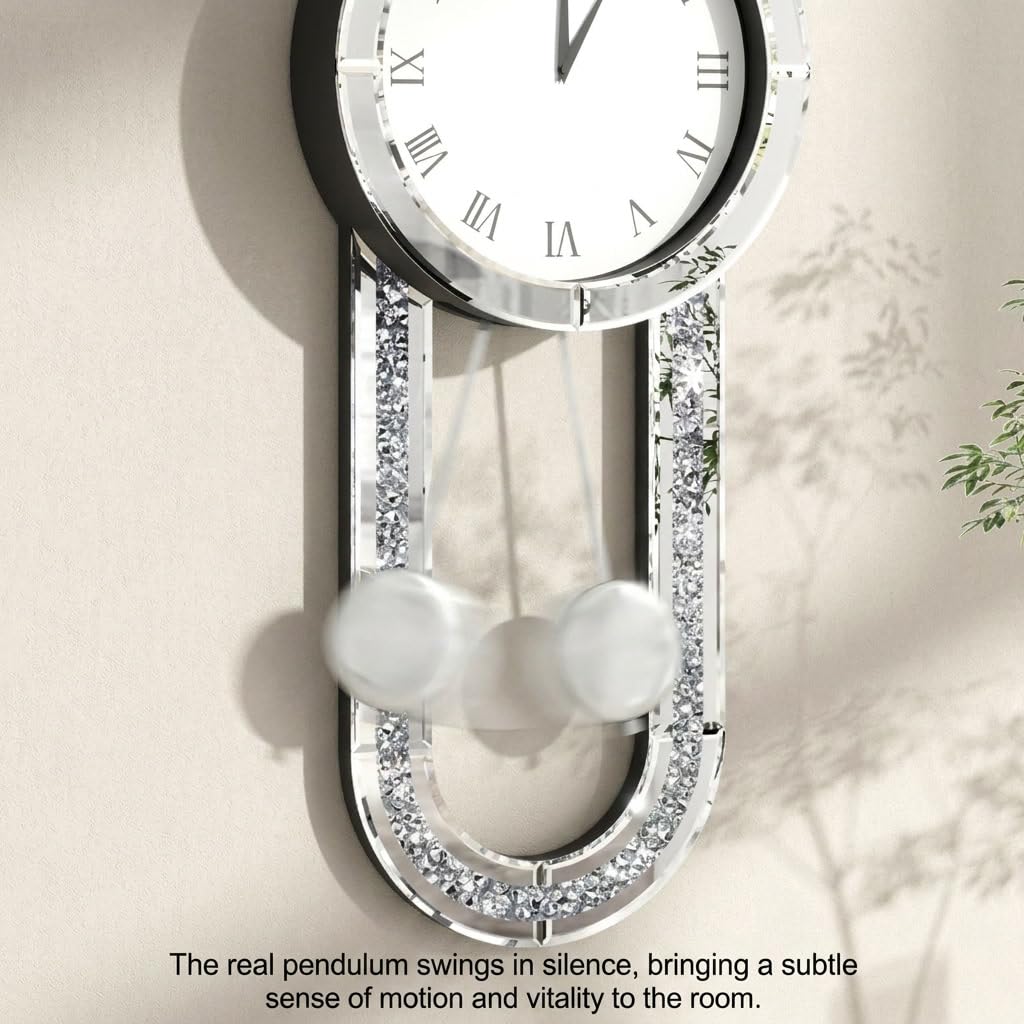 SHYFOY Decorative Wall Clock 31.5" Mirrored Pendulum Clock Silent Quality Quartz Luxury Large Wall Clocks with Crushed Diamond and Silver Glass for Living Room Home Decor & Gift
