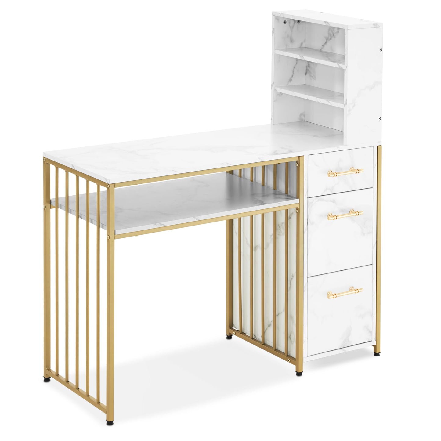 M MCombo Desk with 3 Drawers, Nail Table Made of Wood, Metal Frame, Manicure Table, Marble White Gold, Dressing Table without Mirror, Modern, Computer Desk with Shelf Living Room, 43 x 108 x 125 cm,