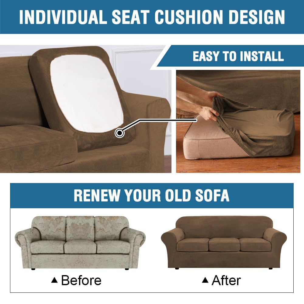 H.VERSAILTEX Modern Velvet Plush 4 Piece High Stretch Sofa Slipcover Sofa Cover Furniture Protector Form Fit Thick Velvet Sofa Cover for 3 Cushion Couch Width Up to 90 Inch (Sofa, Bronze Brown)