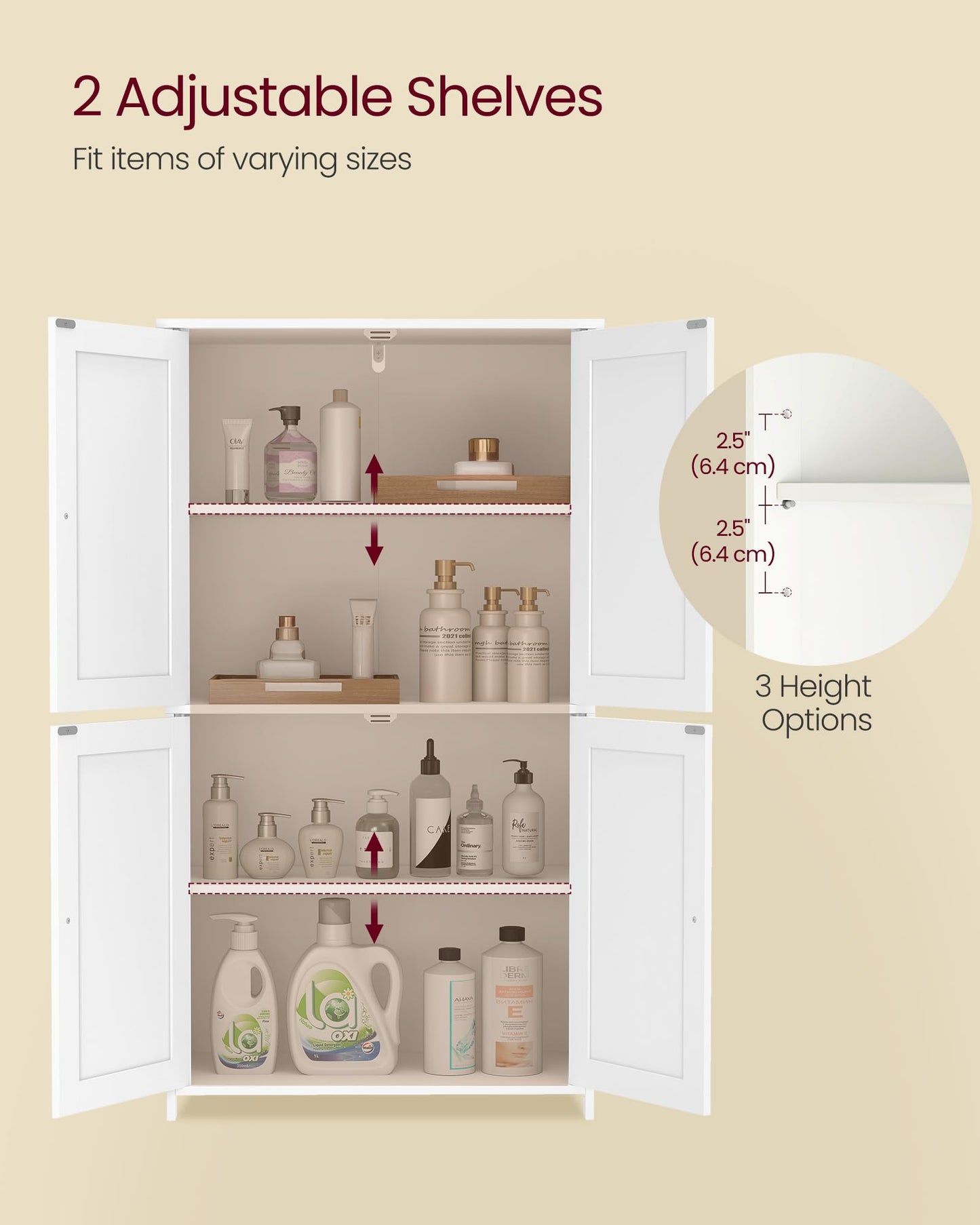 VASAGLE Floor Storage Cabinet, Shaker Cabinet with 2 Adjustable Shelves, 4 Doors, Tall Freestanding Organizer Unit, for Kitchen Bathroom Living Room, Cloud White UBBC553WH01S