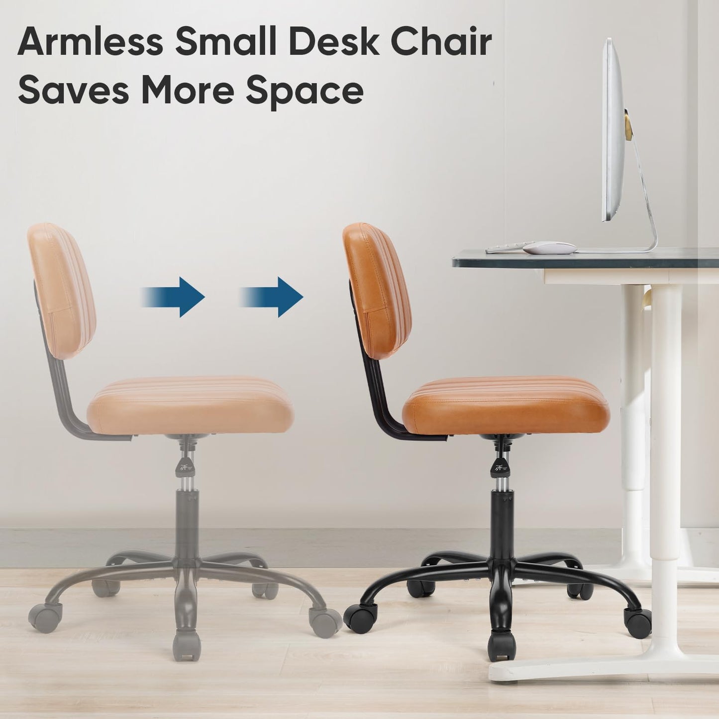 DUMOS Small Office Desk Chair - Armless PU Leather with Comfy Lumbar Support, Height Adjustable Rolling Swivel Task for No Arms, for Adult, Student, Bedroom, Home, Vanity, Brown