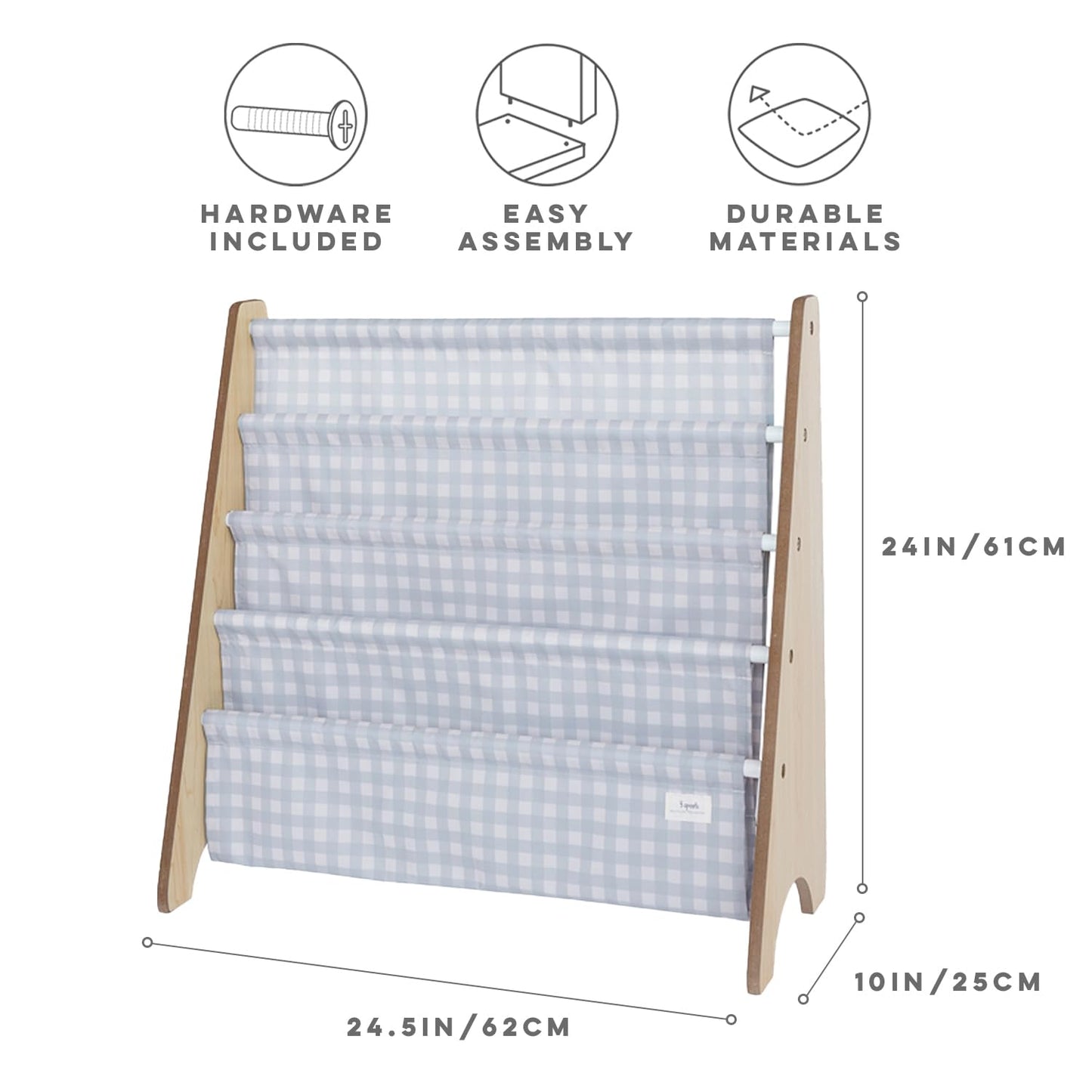 3 Sprouts Kids Bookshelf with Recycled Fabric - 4-Tier Sling Storage for Kids Rooms Holds 35 Titles - Toddler Organizer for Ages 3+ - Gingham Blue