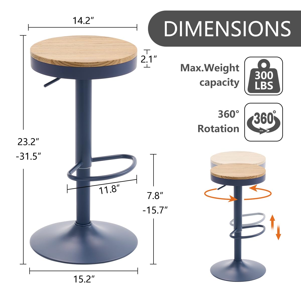 Kidol & Shellder Bar Stools Set of 2 Round Adjustable Swivel Barstools Modern Backless Bar Chairs Wooden Seat Counter Height Stools Armless for Kitchen Island, Cafe, Dining Room Blue