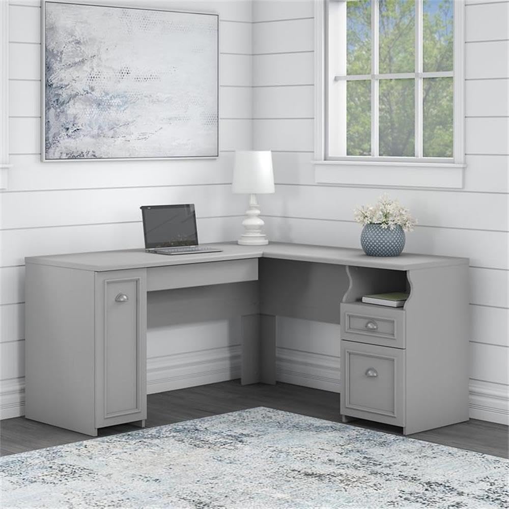 Bush Furniture L Shaped Desk with Drawers and Storage Cabinet with Charming Antique Pewter Accents | Fairview Collection Corner Computer Table for Home Office | 60Wx60Dx31H