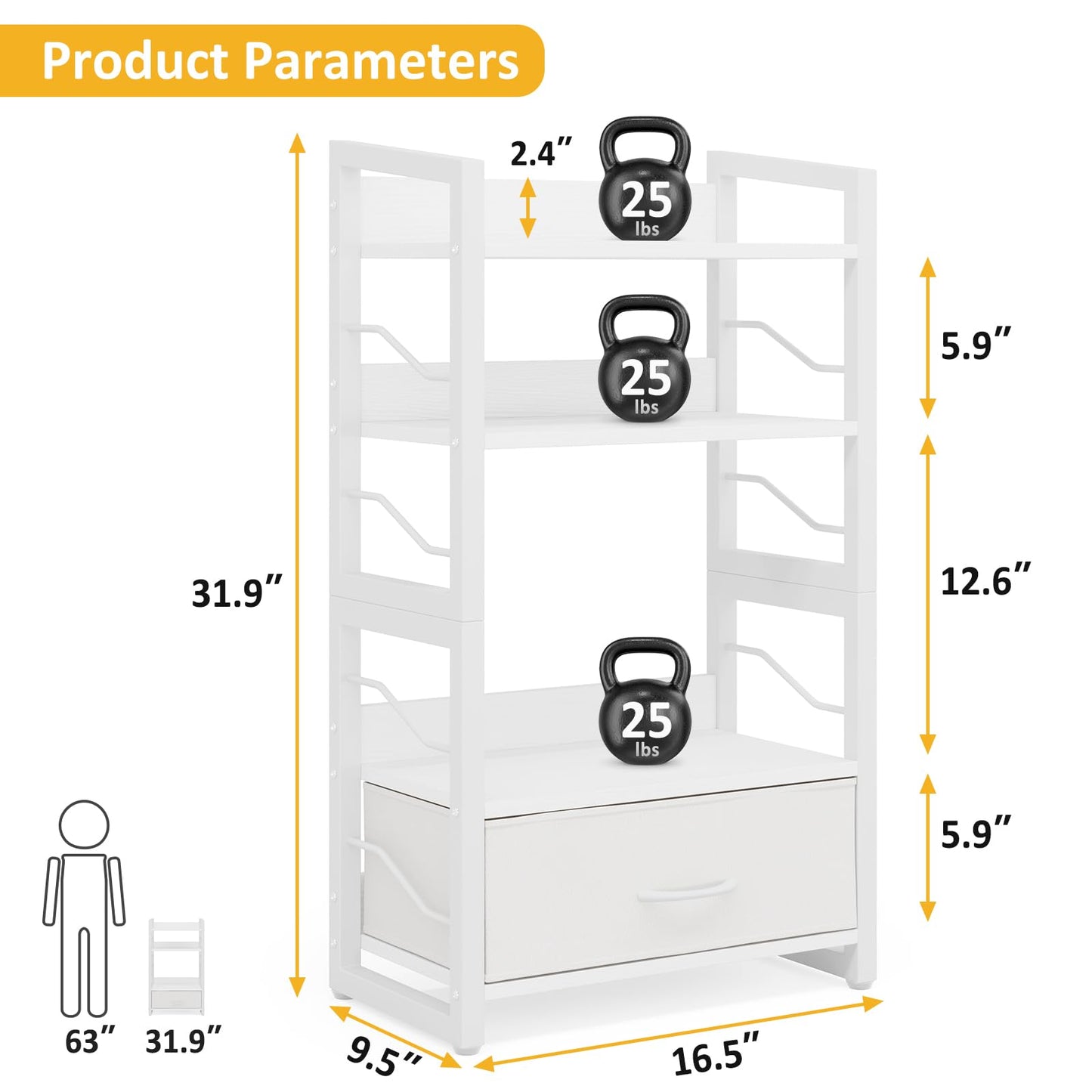 Hosfais Small Bookshelf with Drawer - 4-Tier Wood Book Shelf Industrial Narrow Bookcase Storage Organizer Metal Stackable Shelves for Desktop Bedroom Living Room Home Office (White)