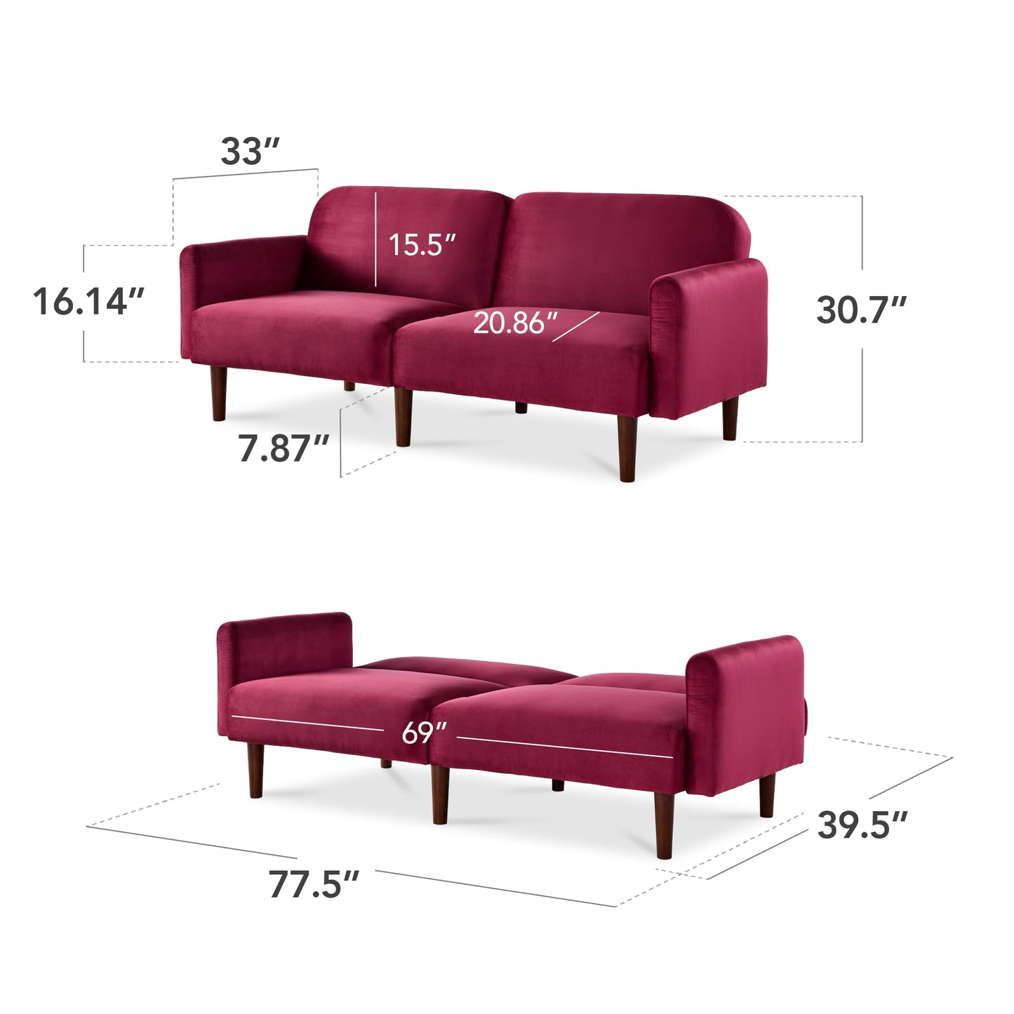 Best Choice Products 77" Mid Century Modern Velvet Loveseat Sofa, Couch, Convertible Sofa Sleeper Bed w/Real Wood, Removable Armrest - Raspberry