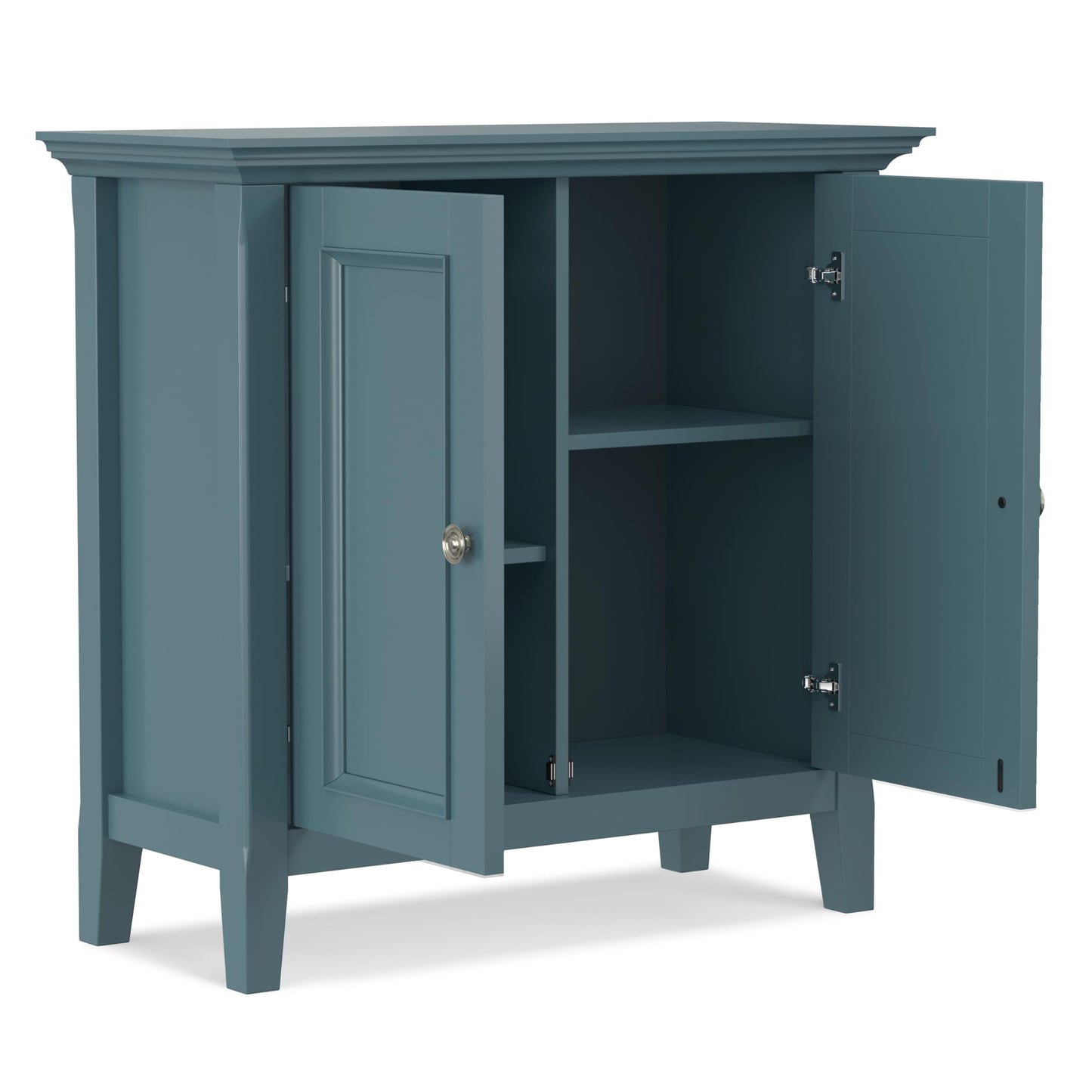 SIMPLIHOME Amherst Low Storage Cabinet - 32 inch Wide Solid Wood 2-Door Accent Cabinet in French Blue, Transitional Living Room or Entryway Storage with Adjustable Shelves and Rectangular Base