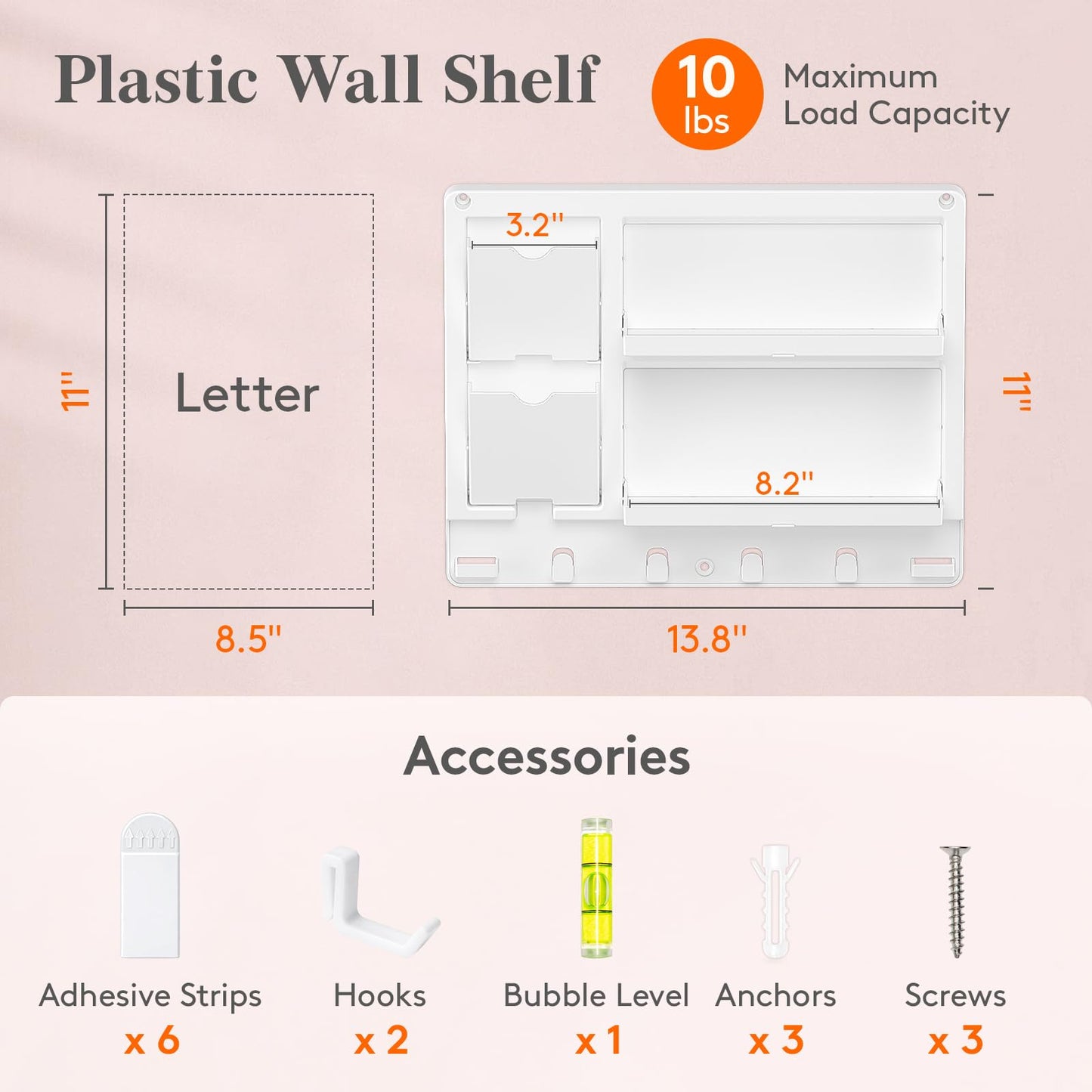 Lifewit Plastic Adhesive Bedside Shelf, Floating Pegboard Shelves, Key Remote Control Holder, Wall Organizer for Glasses, Phone, Earbuds, Bedroom Decor, Dorm Room Essentials, White