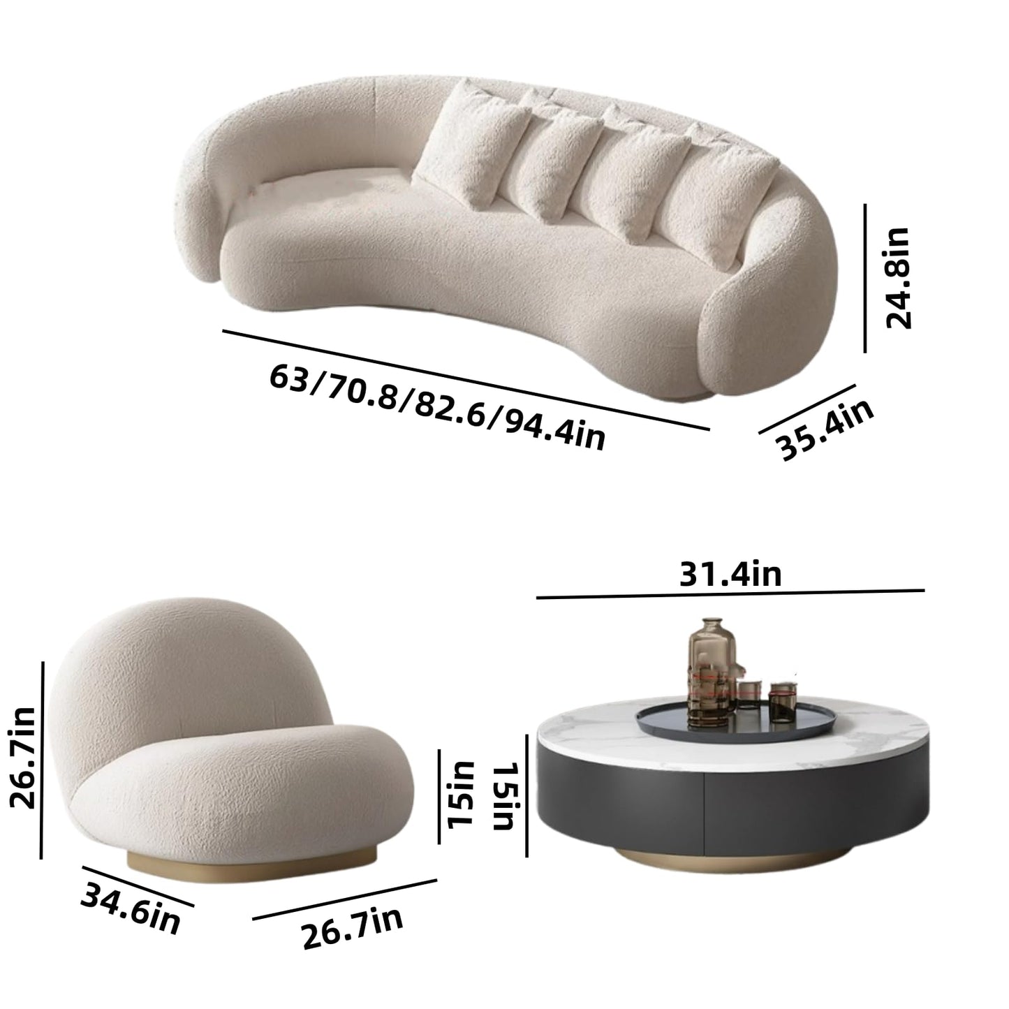 70.8IN Cream Style Living Room Sofa - Round Arc Designed Sofa Set, Modern Modular Sectional Sofa | Equipped with Slab Stone Coffee Table & 2 Compartment Sofa Chairs (Style B)