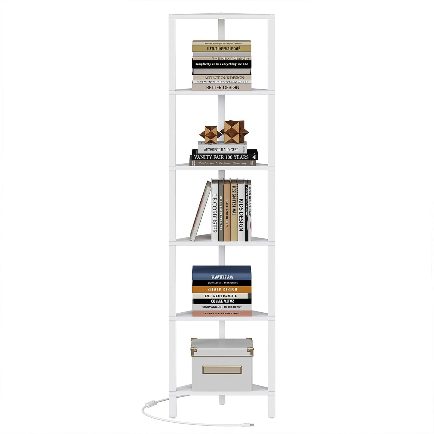 TUTOTAK 6-Tier Corner Bookshelf with LED Light,Corner Shelf for Small Space, Narrow Display Corner Shelf Stand with Storage Rack, for Living Room, Bedroom, Pure White V1BS05BW006L
